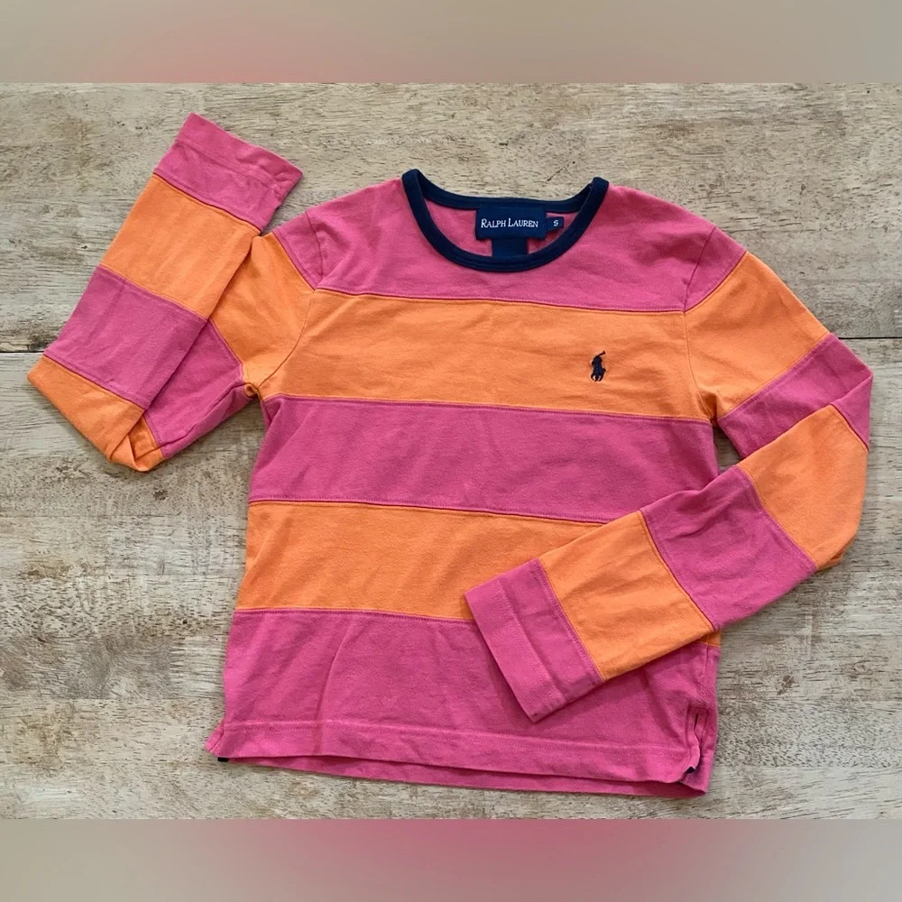 Ralph Lauren Girls’ Sz S Pink/Orange Stripe Crewneck Rugby Style Long Sleeve Top
